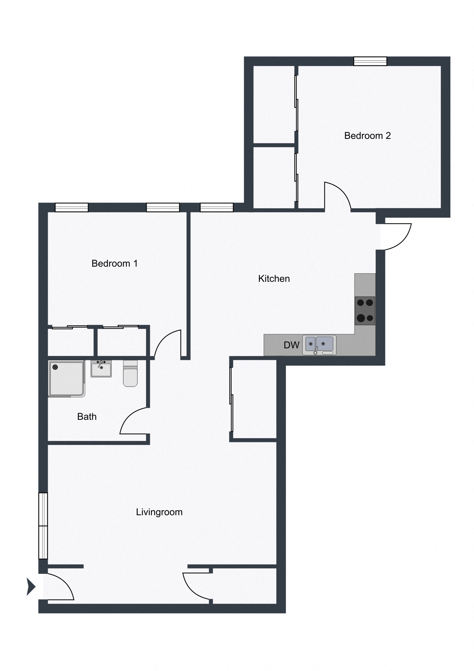 Floor plan for 2 beds, 1 bath, 752 sqft
