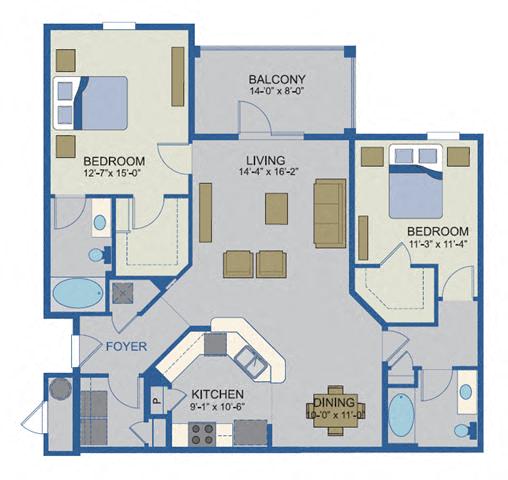 Floor plan for 2 beds, 2 baths, 1267 sqft