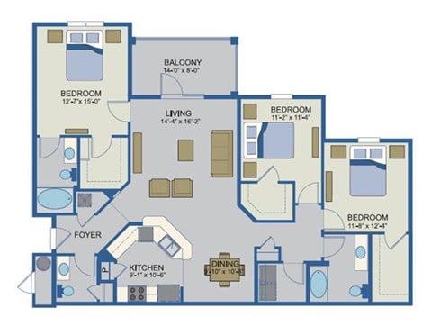Floor plan for 3 beds, 2.5 baths, 1550 sqft