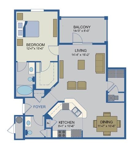 Floor plan for 1 bed, 1.5 baths, 1044 sqft