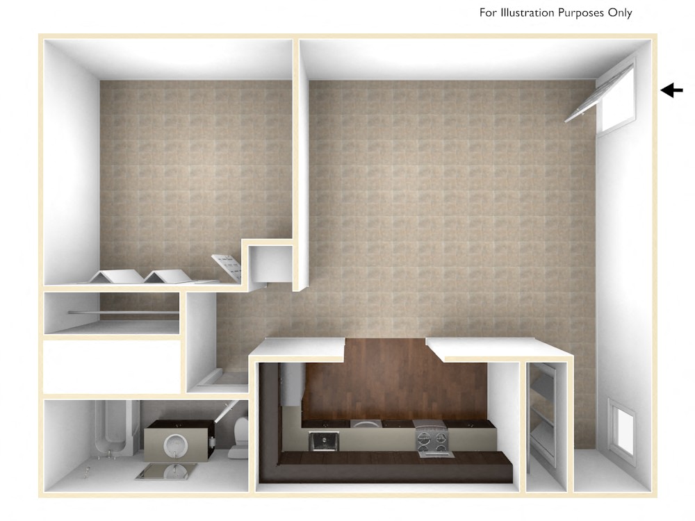Floor plan for 1 bed, 1 bath, 557 sqft