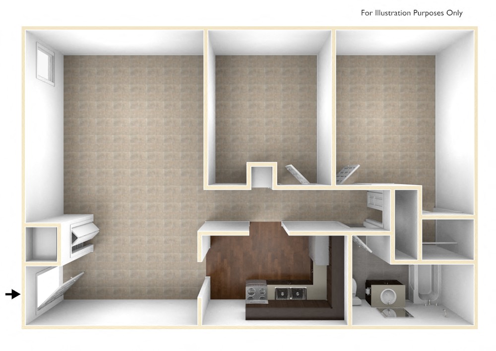 Floor plan for 2 beds, 1 bath, 739 sqft