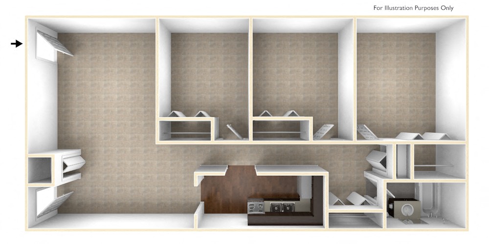 Floor plan for 3 beds, 1 bath, 964 sqft