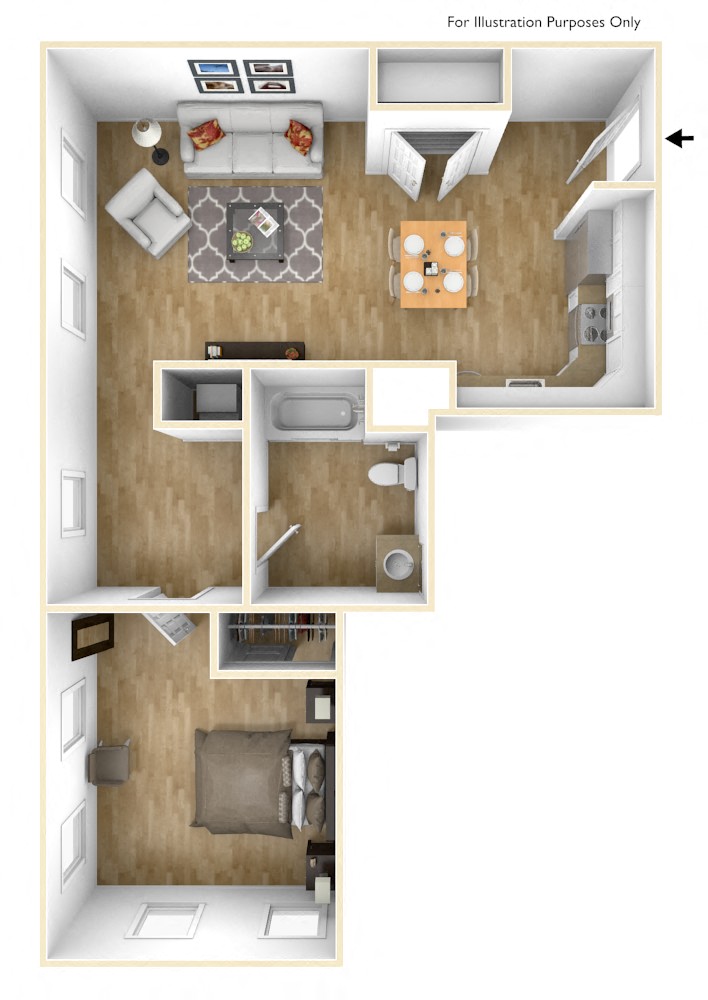 Floor plan for 1 bed, 1 bath, 853 sqft