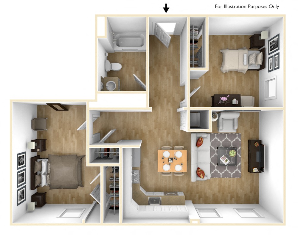 Floor plan for 2 beds, 1 bath, 934 sqft