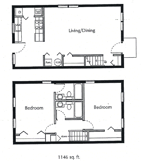 Floor plan for 2 beds, 2 baths, 955 sqft