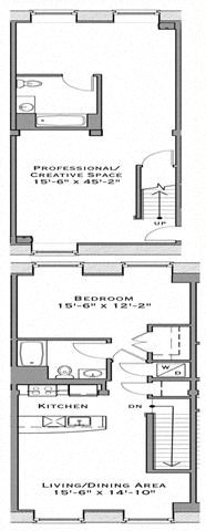 Floor plan for 1 bed, 2 baths, 1211 sqft