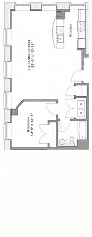 Floor plan for 1 bed, 1 bath, 677 sqft