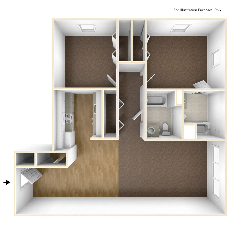 Floor plan for 2 beds, 2 baths, 941 sqft