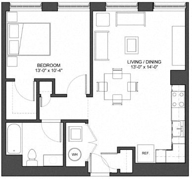 Floor plan for 1 bed, 1 bath, 741 sqft