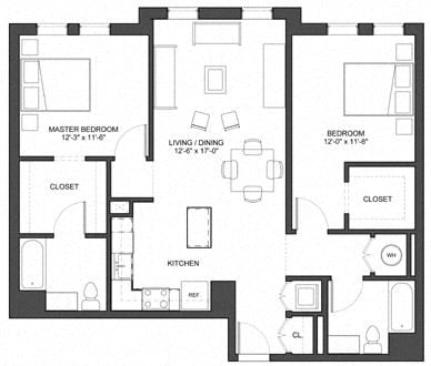 Floor plan for 2 beds, 2 baths, 1167 sqft