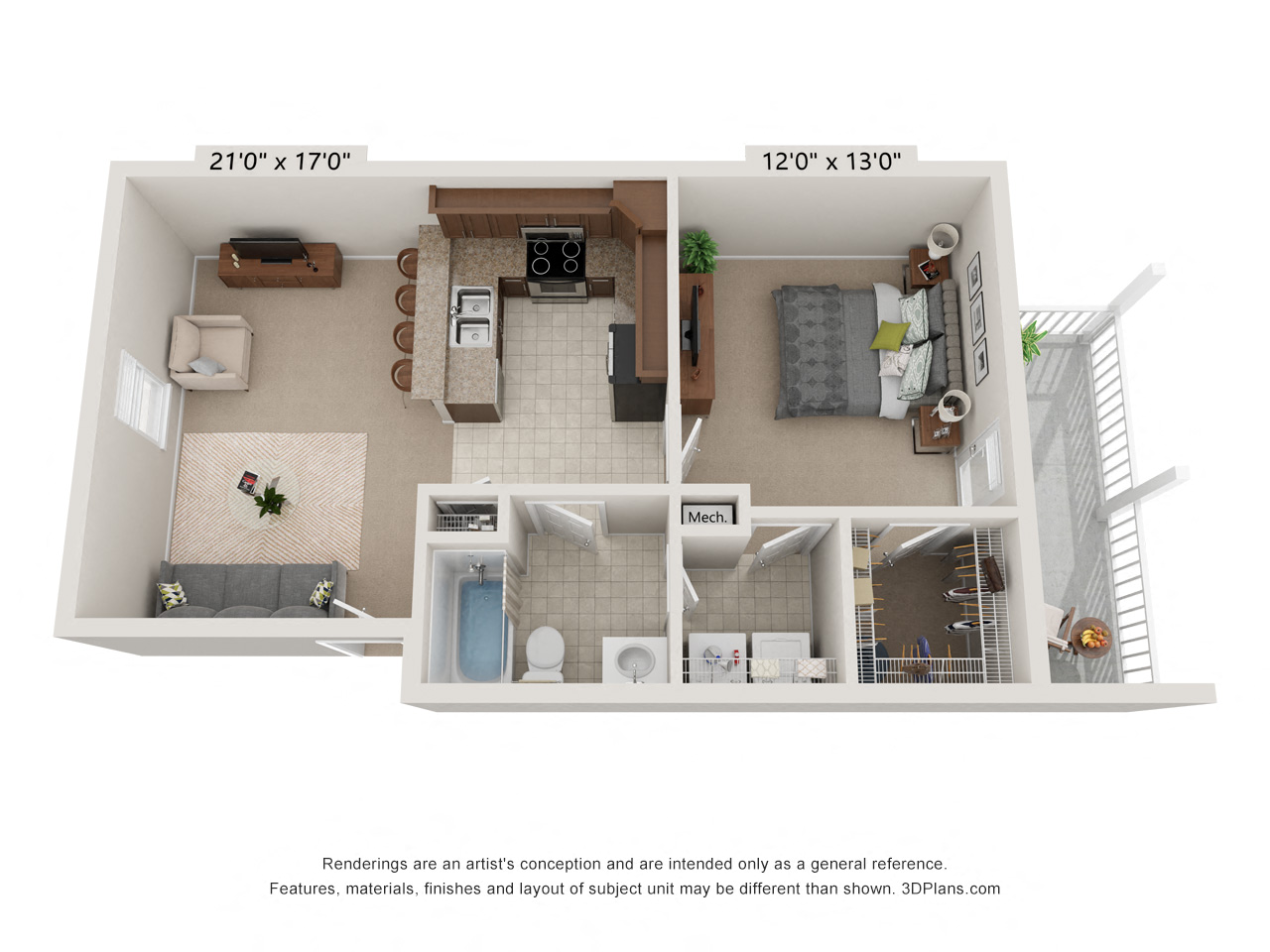 Floor plan for 1 bed, 1 bath, 680 sqft