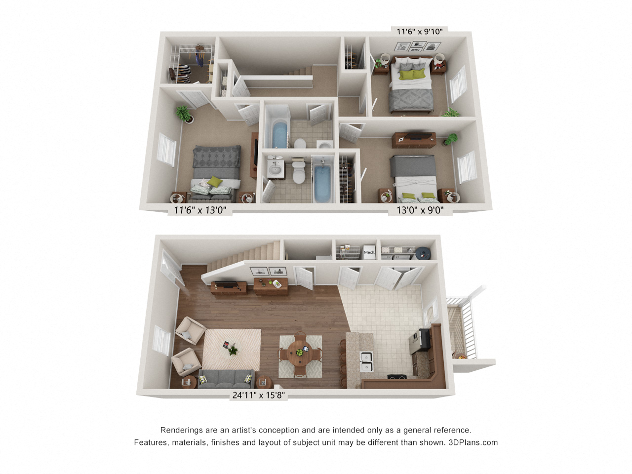 Floor plan for 3 beds, 2.5 baths, 1440 sqft