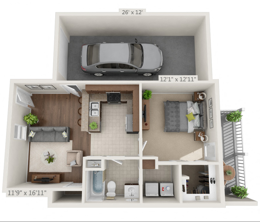 Floor plan for 1 bed, 1 bath, 680 sqft