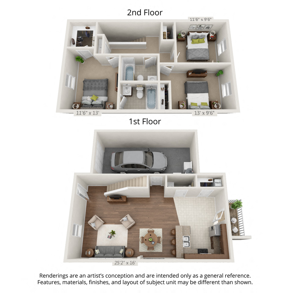 Floor plan for 3 beds, 2.5 baths, 1440 sqft