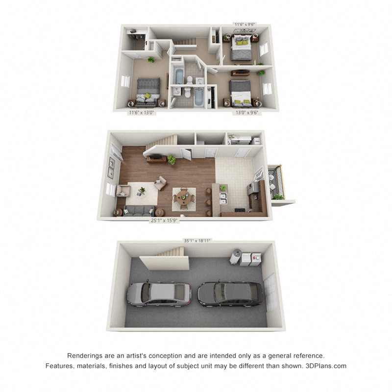 Floor plan for 3 beds, 2.5 baths, 1440 sqft