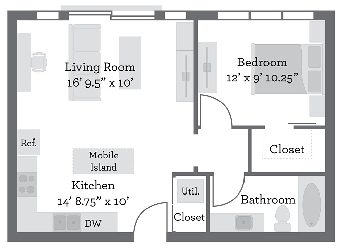 Floor plan for 1 bed, 1 bath, 645 sqft