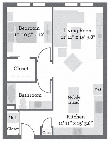 Floor plan for 1 bed, 1 bath, 768 sqft