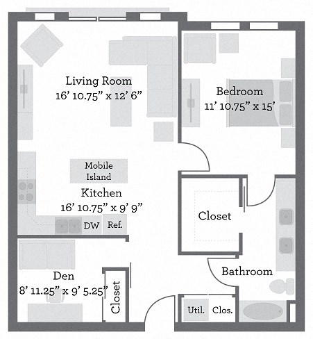 Floor plan for 1 bed, 1 bath, 979 sqft