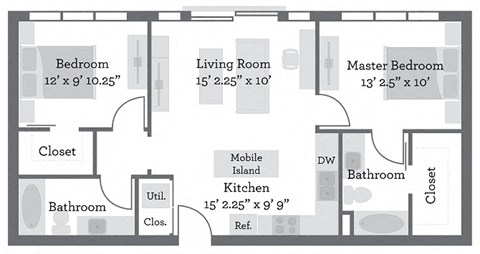 Floor plan for 2 beds, 2 baths, 903 sqft