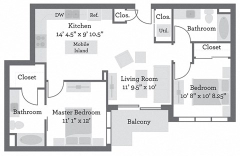 Floor plan for 2 beds, 2 baths, 934 sqft