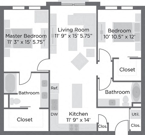 Floor plan for 2 beds, 2 baths, 1166 sqft