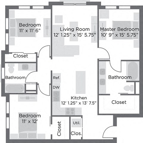 Floor plan for 3 beds, 2 baths, 1277 sqft