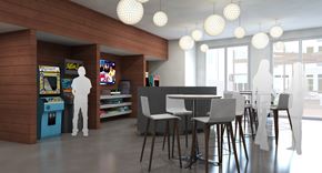 Liberty Township apartment for rent - a rendering of a dining room with tables and chairs and a vending machine