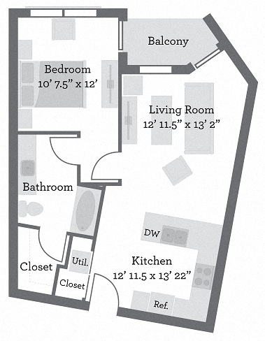 Floor plan for 1 bed, 1 bath, 696 sqft
