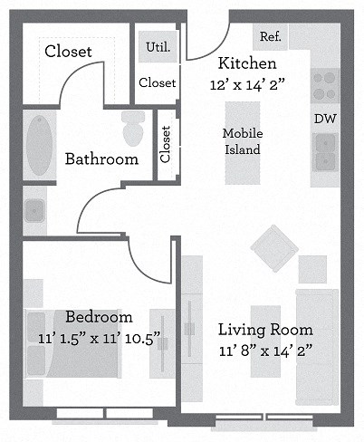 Floor plan for 1 bed, 1 bath, 750 sqft