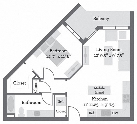 Floor plan for 1 bed, 1 bath, 743 sqft