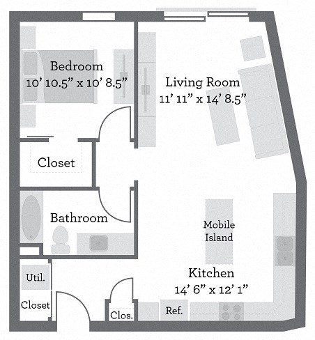 Floor plan for 1 bed, 1 bath, 771 sqft