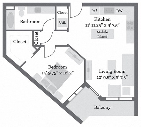 Floor plan for 1 bed, 1 bath, 780 sqft