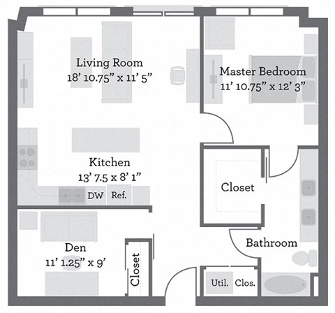 Floor plan for 1 bed, 1 bath, 966 sqft
