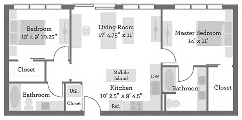 Floor plan for 2 beds, 2 baths, 968 sqft