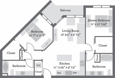 Floor plan for 2 beds, 2 baths, 1093 sqft