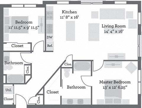 Floor plan for 2 beds, 2 baths, 1167 sqft