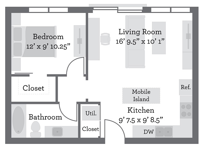 Floor plan for 1 bed, 1 bath, 645 sqft