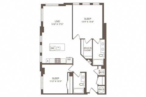 Floor plan for 2 beds, 2 baths, 1175 sqft