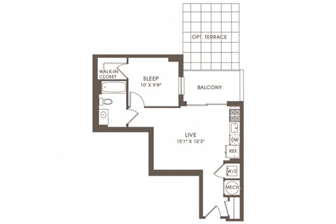 Floor plan for 1 bed, 1 bath, 539 sqft