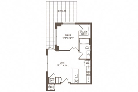 Floor plan for 1 bed, 1 bath, 608 sqft