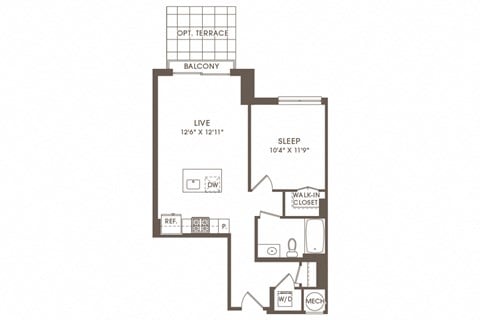Floor plan for 1 bed, 1 bath, 641 sqft