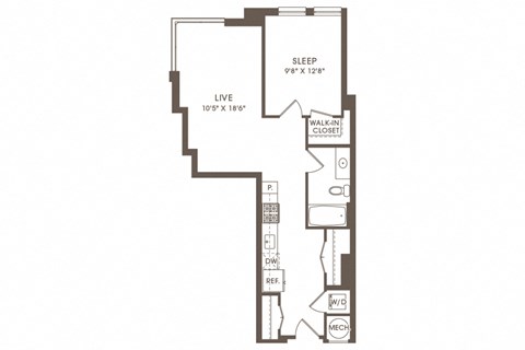 Floor plan for 1 bed, 1 bath, 678 sqft