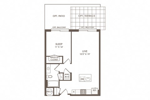Floor plan for 1 bed, 1 bath, 699 sqft