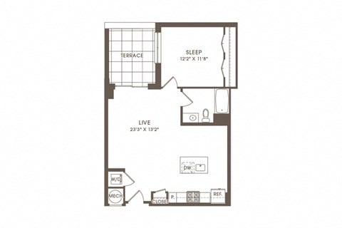 Floor plan for 1 bed, 1 bath, 756 sqft