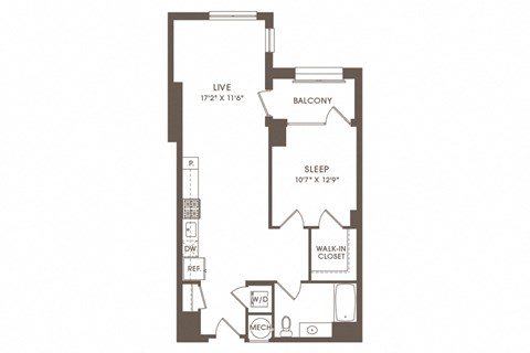 Floor plan for 1 bed, 1 bath, 787 sqft