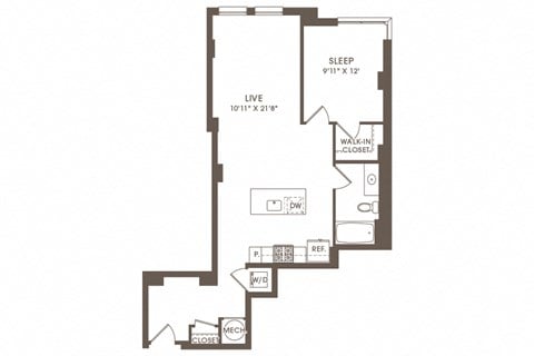 Floor plan for 1 bed, 1 bath, 792 sqft
