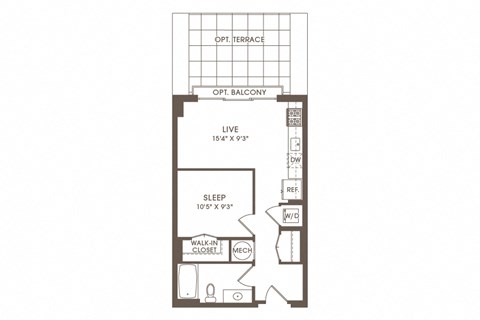 Floor plan for studio, 1 bath, 529 sqft