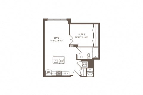 Floor plan for studio, 1 bath, 640 sqft