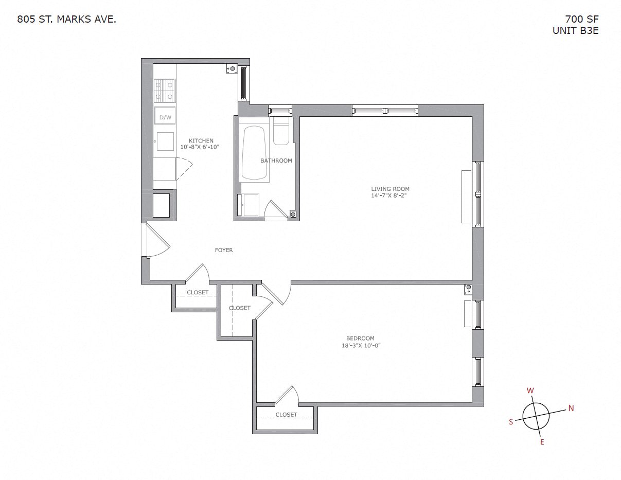 Floor plan for 1 bed, 1 bath, 800 sqft